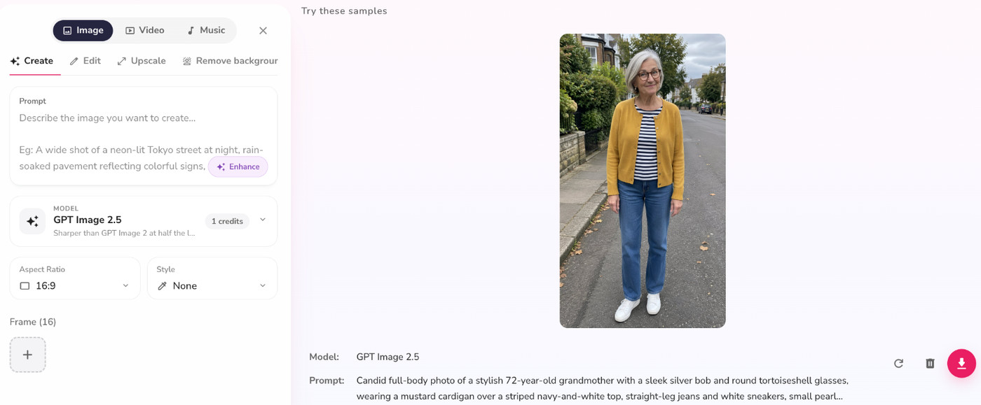Fliki playground generating a full-body character photo with GPT Image 2.5