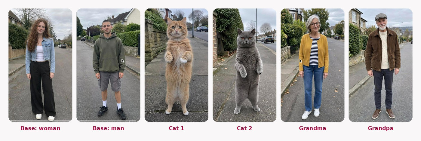 six AI character reference photos: a young couple, an orange cat, a grey cat and two grandparents on the same street