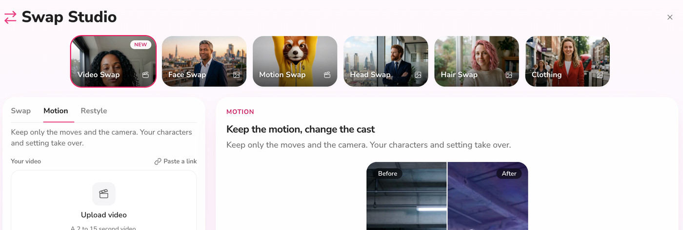 Fliki Swap Studio with Video Swap and the Motion tab selected