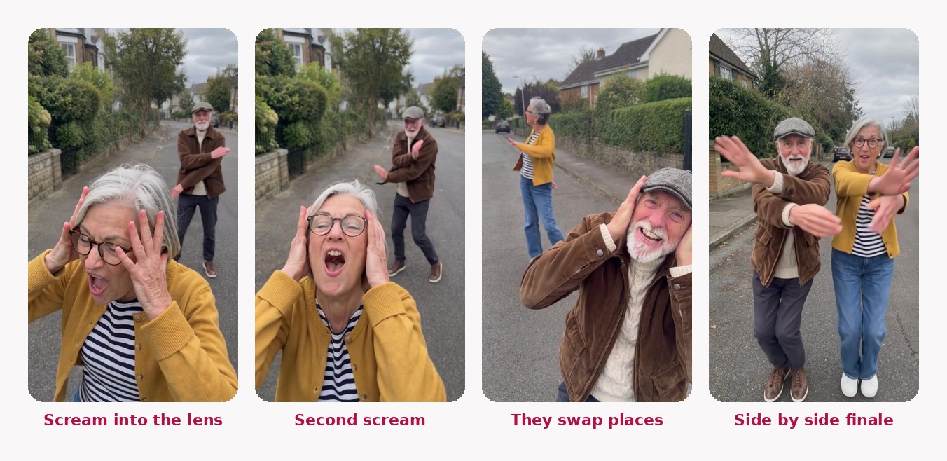 grandparents version of the Smalltown Boy dance trend, four frames