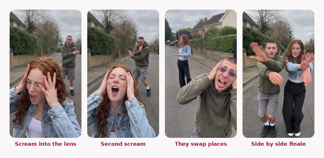 AI couple version of the Smalltown Boy dance trend, four frames