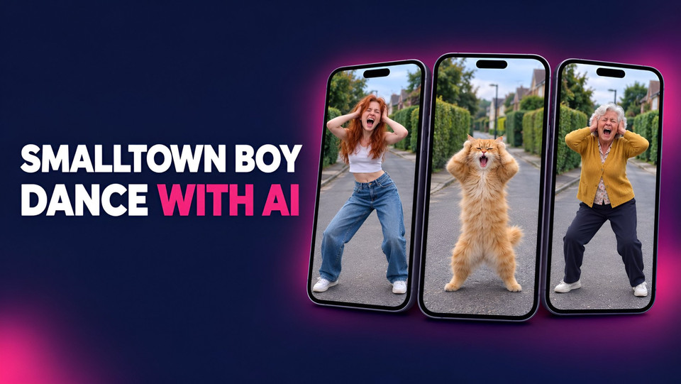 ai dance video of the Smalltown Boy trend with a woman, a cat and a grandmother