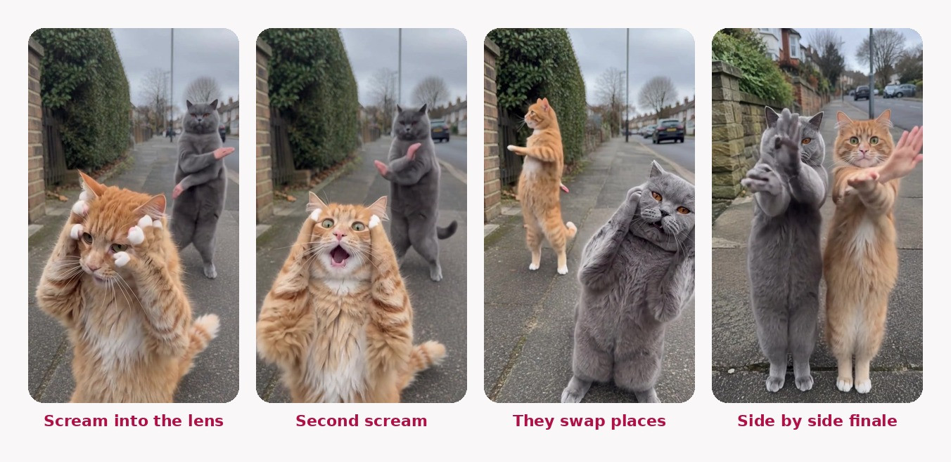 ai cat dance version of the Smalltown Boy trend with an orange and a grey cat, four frames