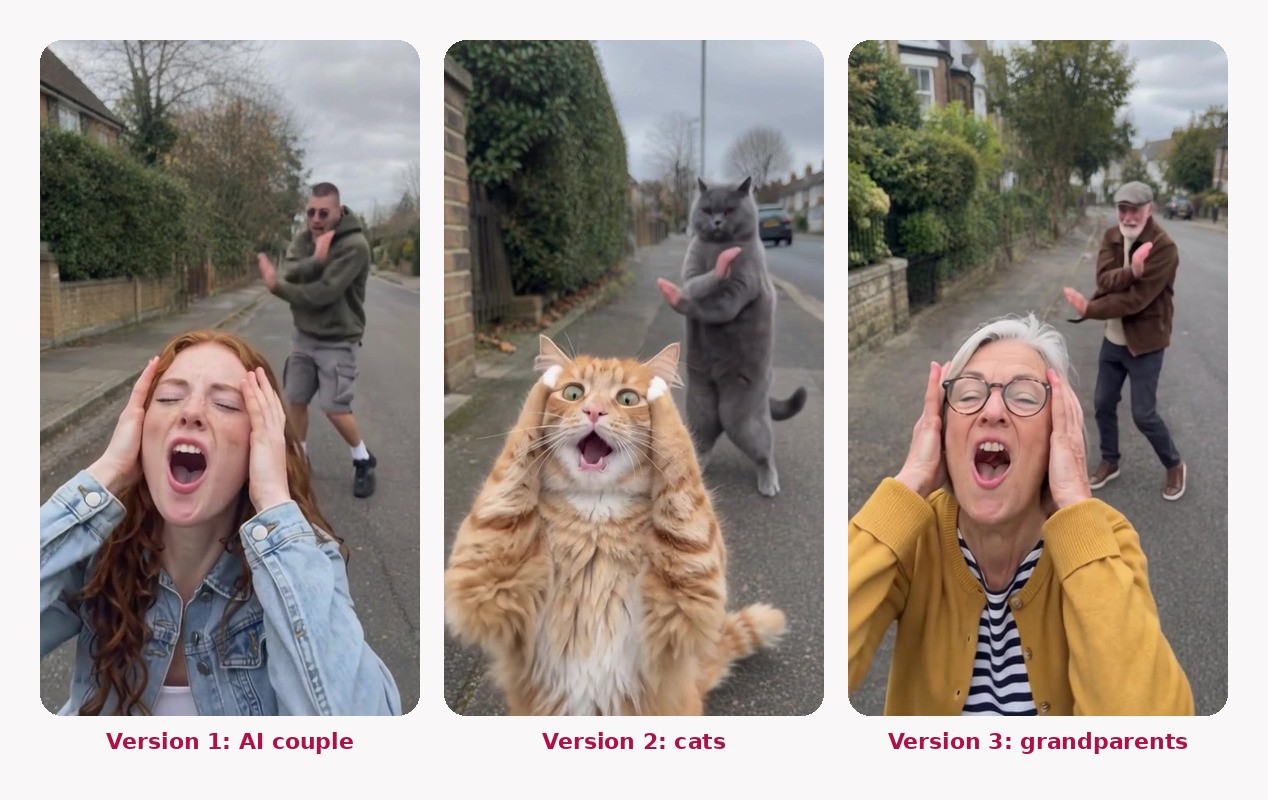 the same scream frame in three AI versions: couple, cats and grandparents