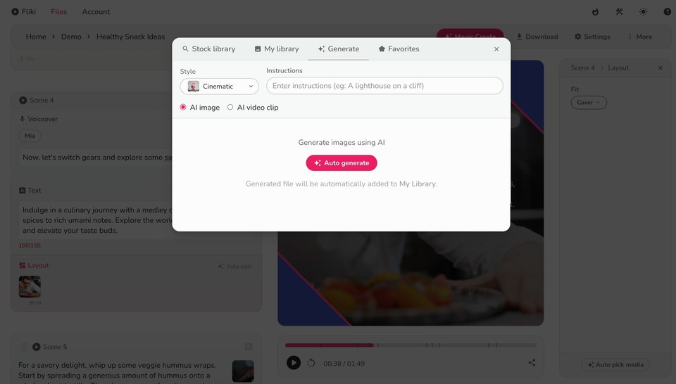 AI media generate tab in Fliki