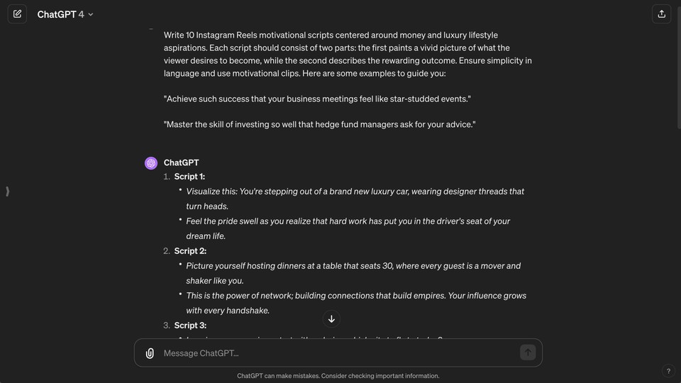 Screenshot of ChatGPT interface showing Instagram Reels motivational scripts centered around money and luxury lifestyle aspirations