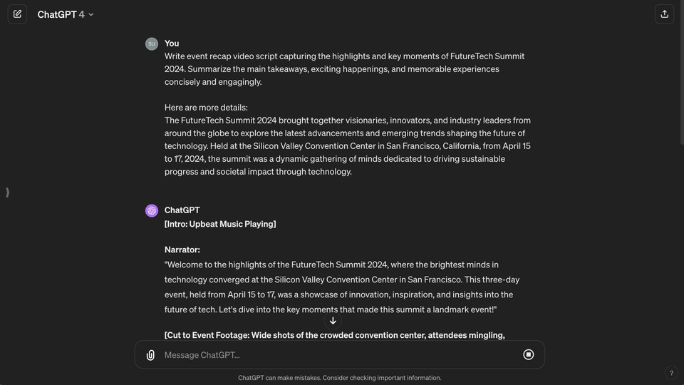 Screenshot of ChatGPT interface featuring an event recap video script for the FutureTech Summit 2024, summarizing highlights and key moments