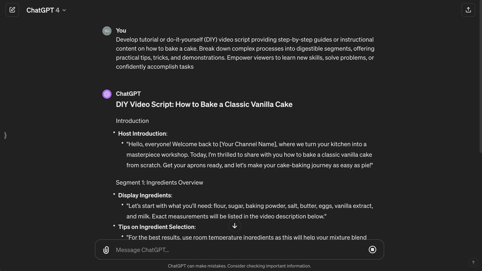 Screenshot of ChatGPT interface showing a DIY video script on how to bake a classic vanilla cake, with an introduction and ingredients overview