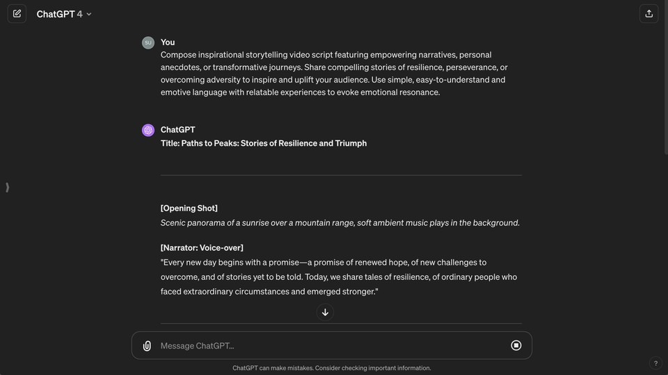 Screenshot of ChatGPT interface displaying an inspirational storytelling video script about resilience and triumph, including an opening shot and voice-over narration