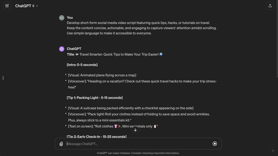 Screenshot of ChatGPT interface displaying a short-form social media video script with travel tips, including packing light and early check-in