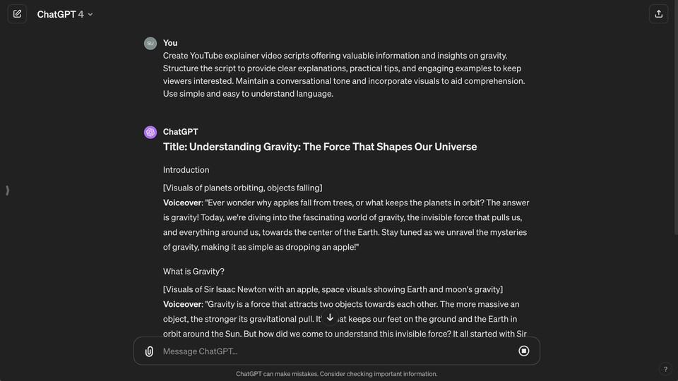 Screenshot of ChatGPT interface with a YouTube explainer video script about gravity, featuring visuals and voiceover