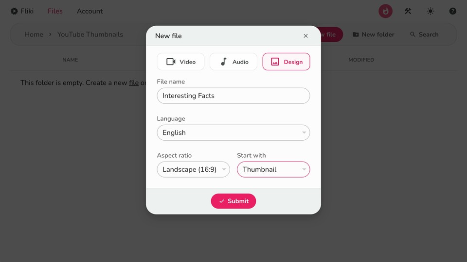 Creating a design file in Fliki AI thumbnail maker