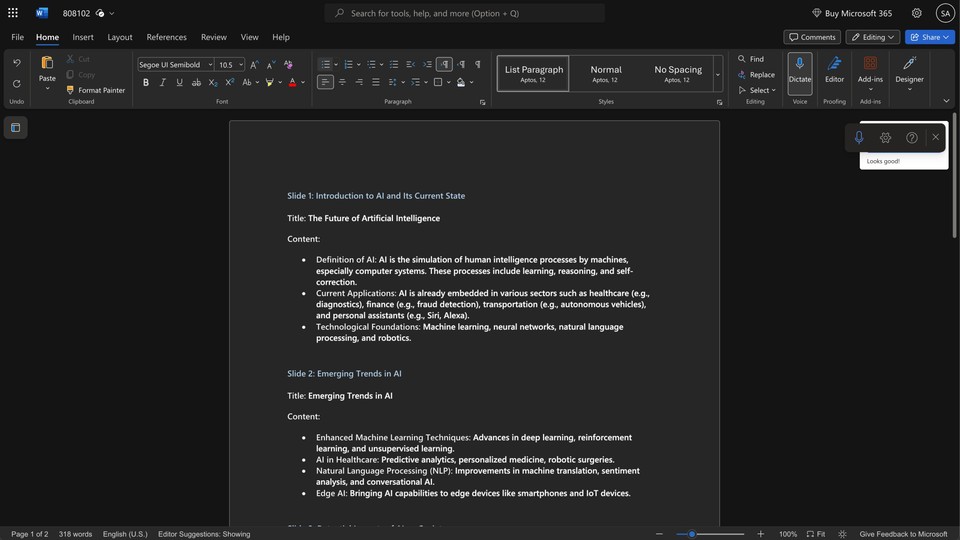 Word document with presentation content