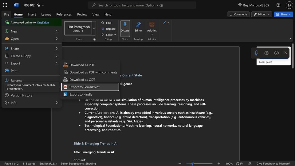 Microsoft Word interface with export to presentation option highlighted