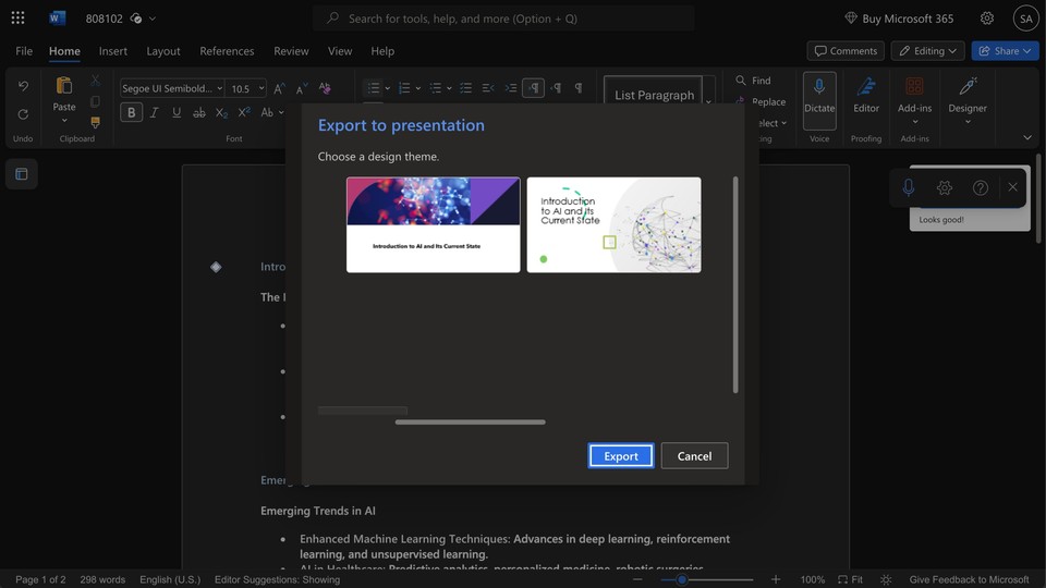 Microsoft word interface showing various PPT templates for export to presentation option