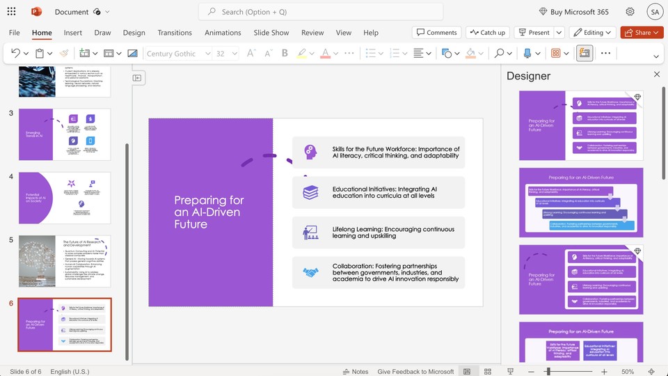 Microsoft powerpoint interface showing final PPT created using ChatGPT and Word online