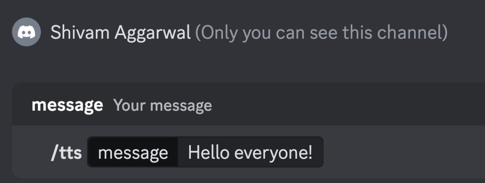 Discord message interface showing the '/tts message Hello everyone!' command
