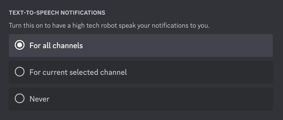 Discord settings for Text-to-Speech notifications with options for all channels, current selected channel, or never
