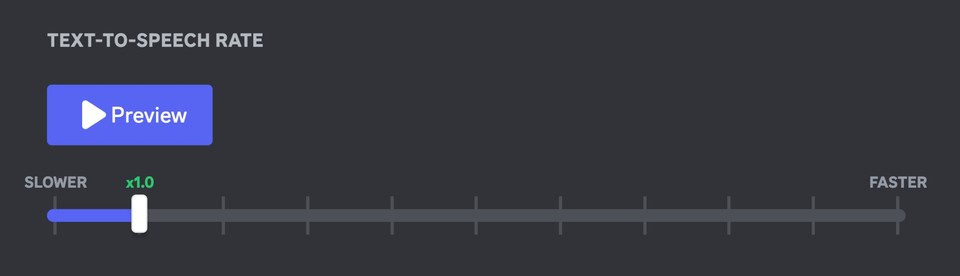 Discord settings for Text-to-Speech rate slider with a Preview button, set to x1