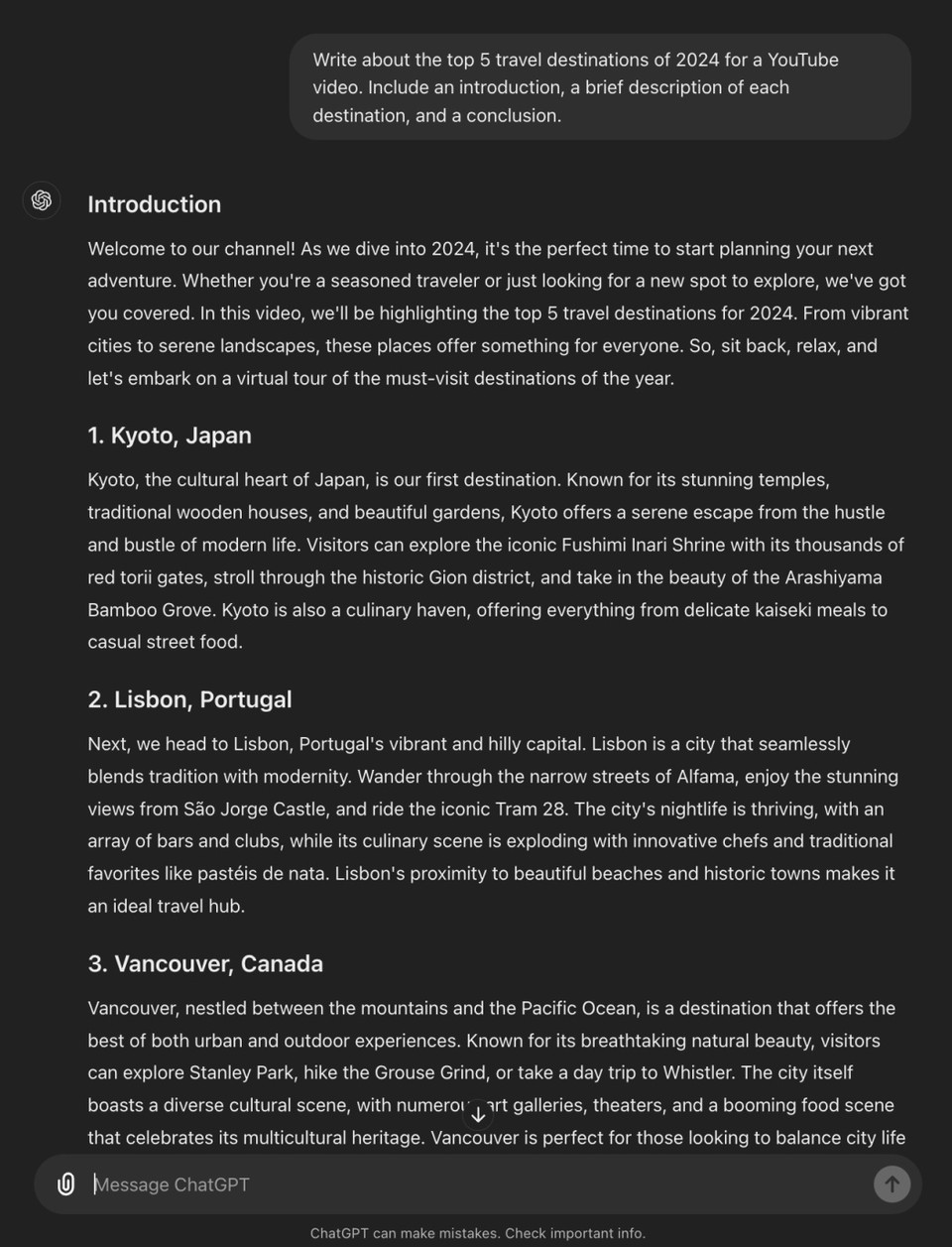 ChatGPT 4o Result for Top 5 / Top 10 Video Scripts