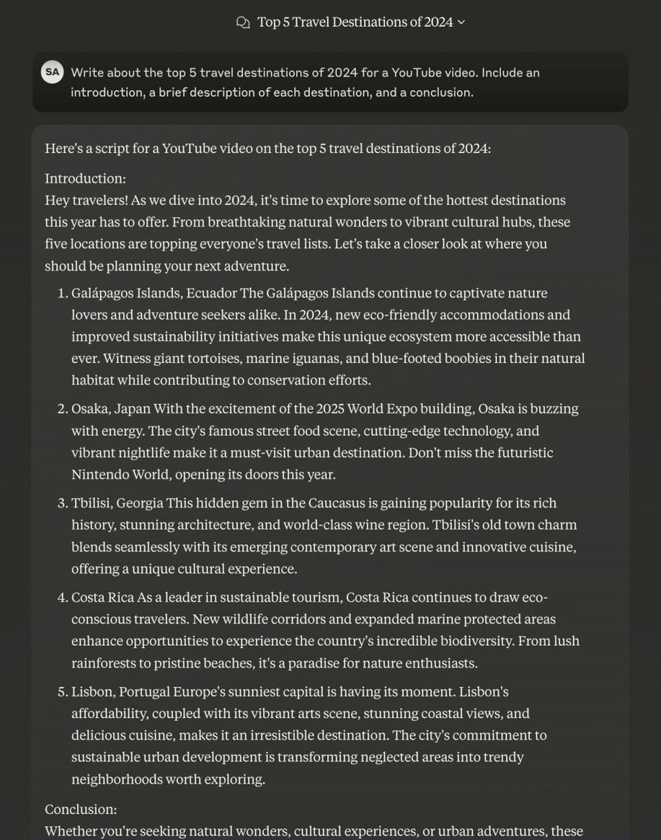 Claude 3.5 Sonnet Result for  Interesting Facts Scripts