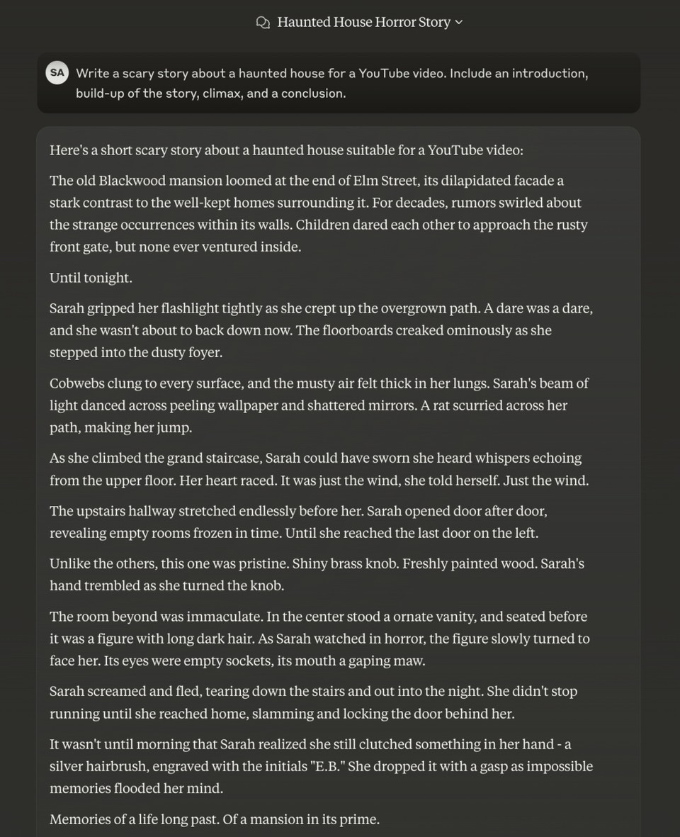 Claude 3.5 Sonnet Result for Horror Video Scripts