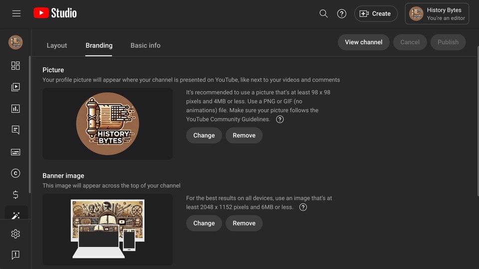 Screenshot of the branding page showing faceless channel logo and channel art