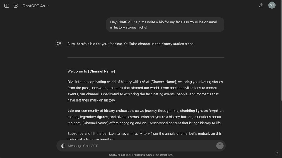Asking ChatGPT to help write bio for faceless youtube channel