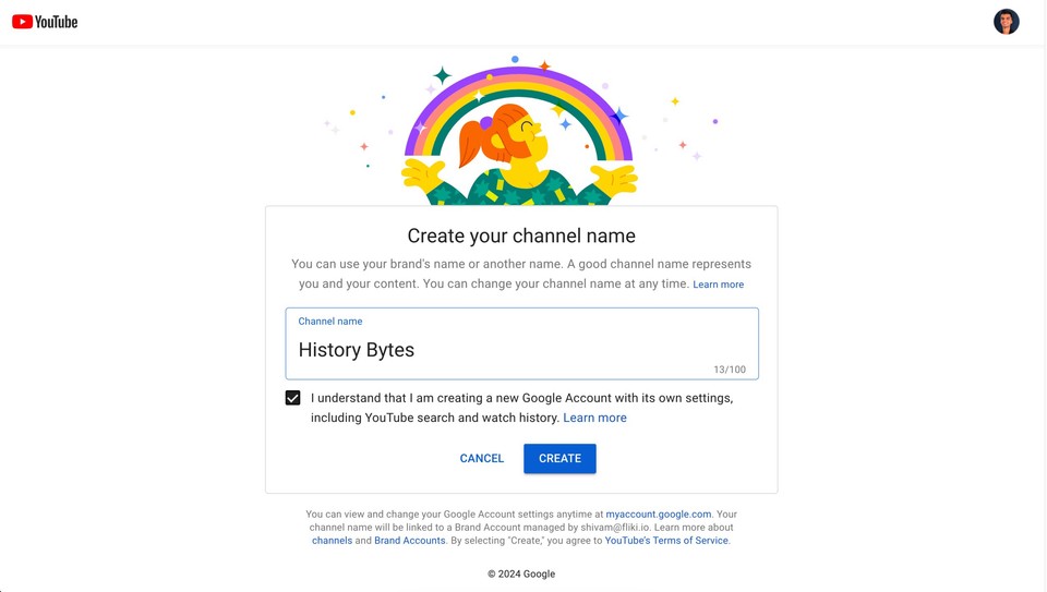 Creating a new YouTube channel