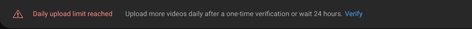 Snapshot of daily upload limit reached in YouTube studio