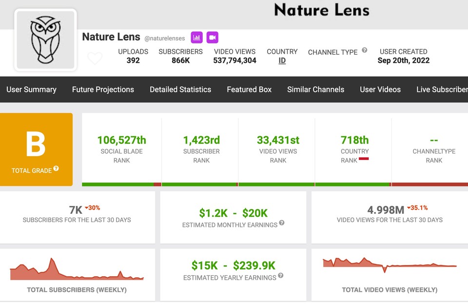 Snapshot of Socialblade statistics for YouTube channel Natural Lens