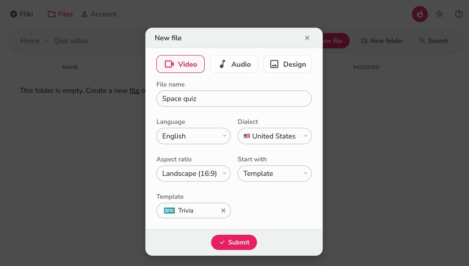 Create a quiz video file in Fliki