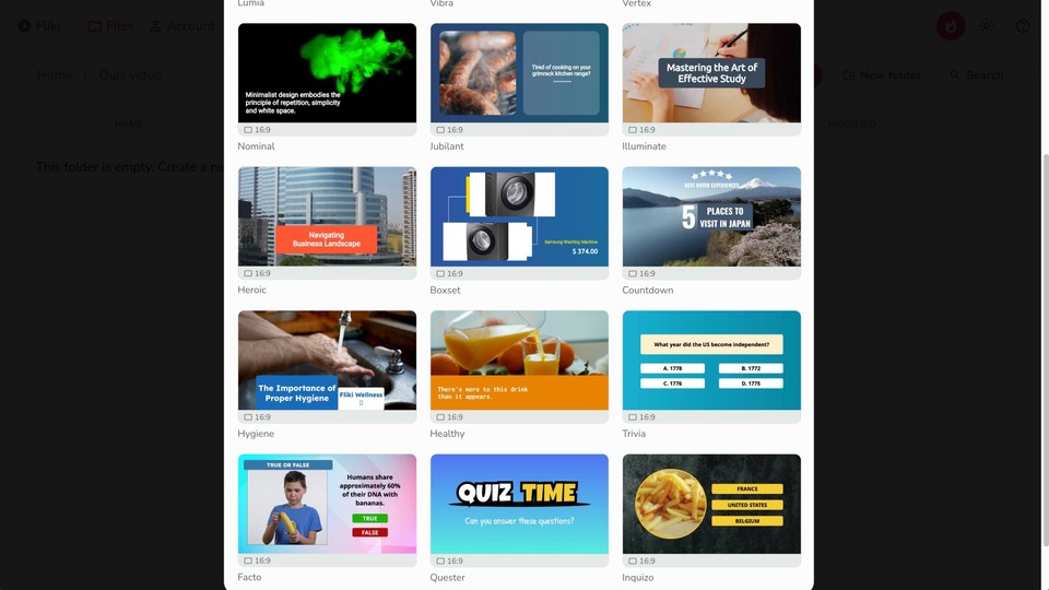 Selecting quiz video template in Fliki