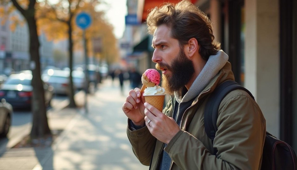 Image of a man with a beard on a city sidewalk eating ice cream generated by Flux One