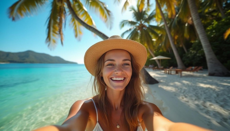 Image of a woman taking a selfie on a tropical island generated by Flux One