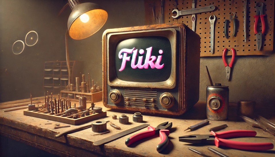 Image of an image of an old, rusty television set with Fliki text on a workbench in a dimly lit room generated by Flux One