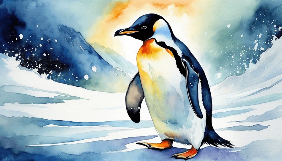 Image of a watercolor painting of an angry penguin generated by Flux One