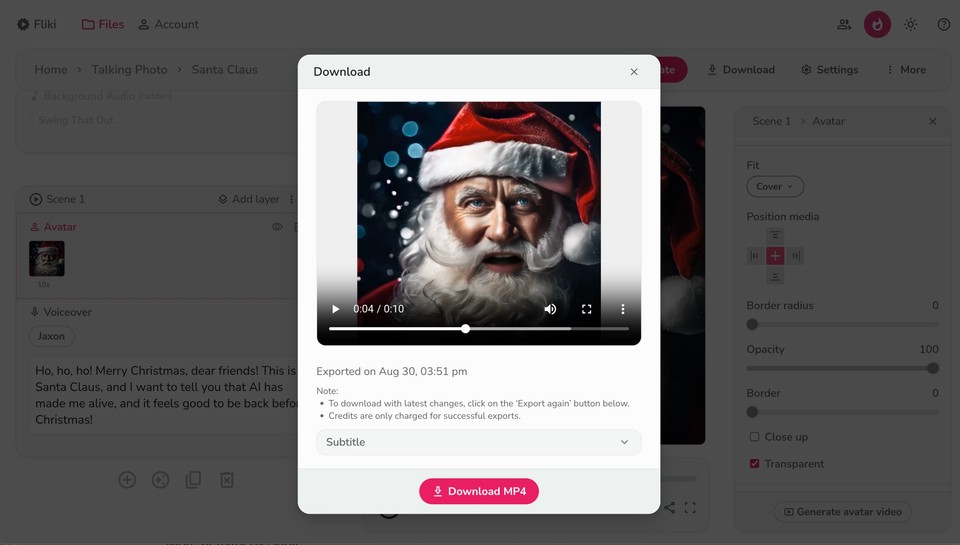 Downloading the talking photo in video format from Fliki