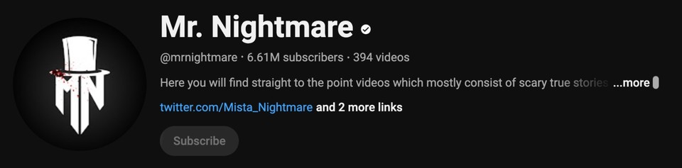 Screenshot of Mr. Nightmare YouTube channel