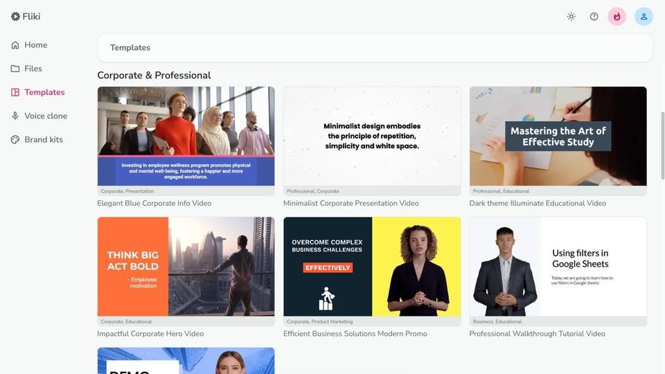 Screenshot of Fliki templates tab