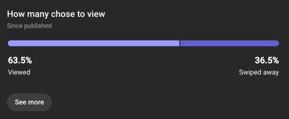 Screenshot of view vs swipe away ratio of a YouTube short