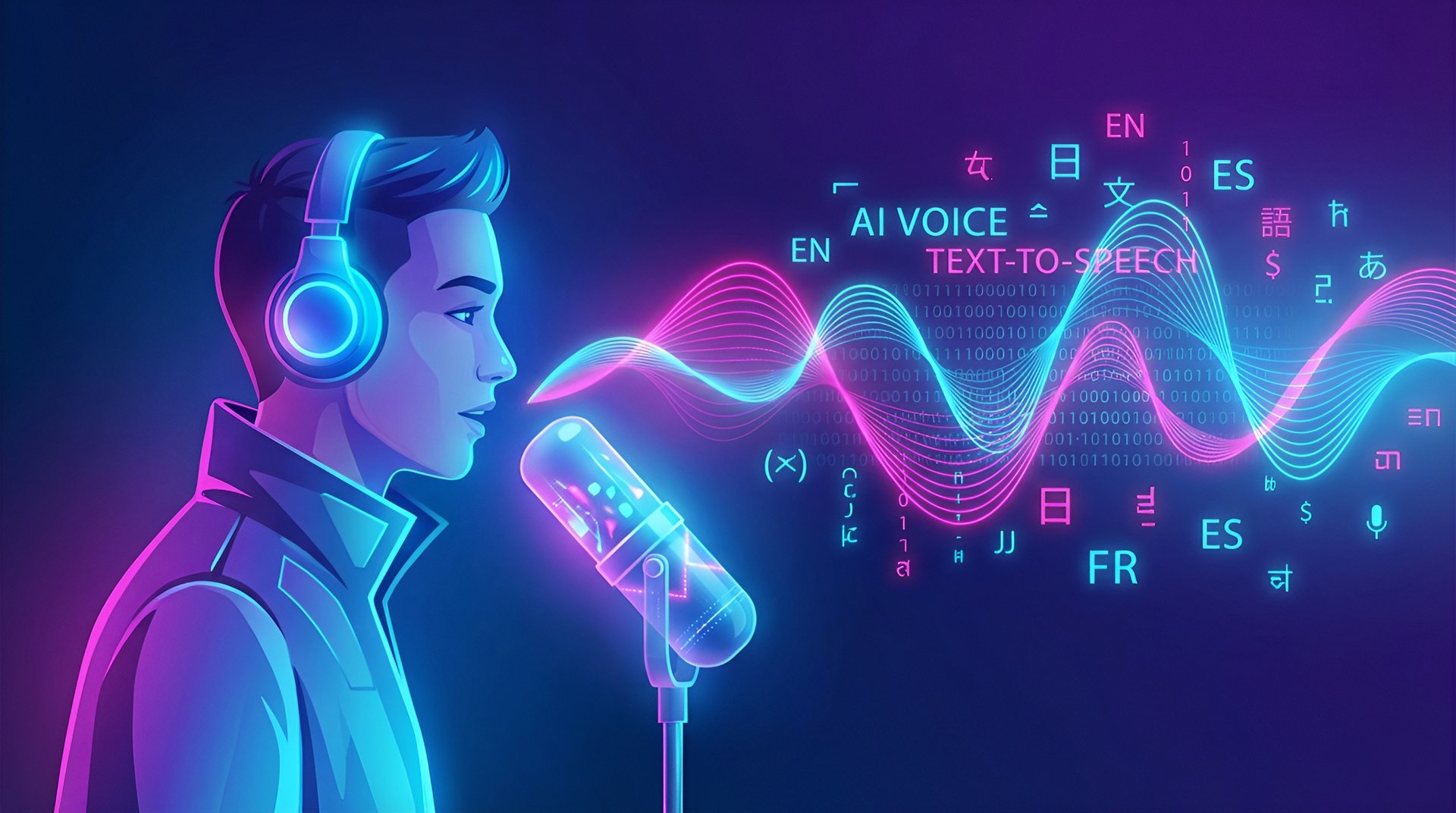 AI voice generation and text-to-speech technology illustration showing soundwaves and multilingual capabilities