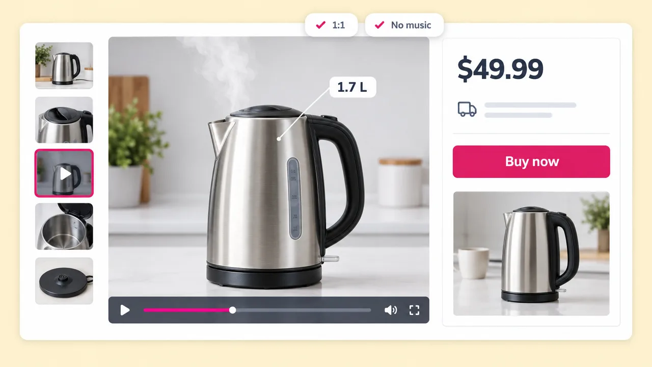 Marketplace listing for a steel electric kettle with a steaming product animation video, a 1.7 L callout, a $49.99 price and a Buy now button.