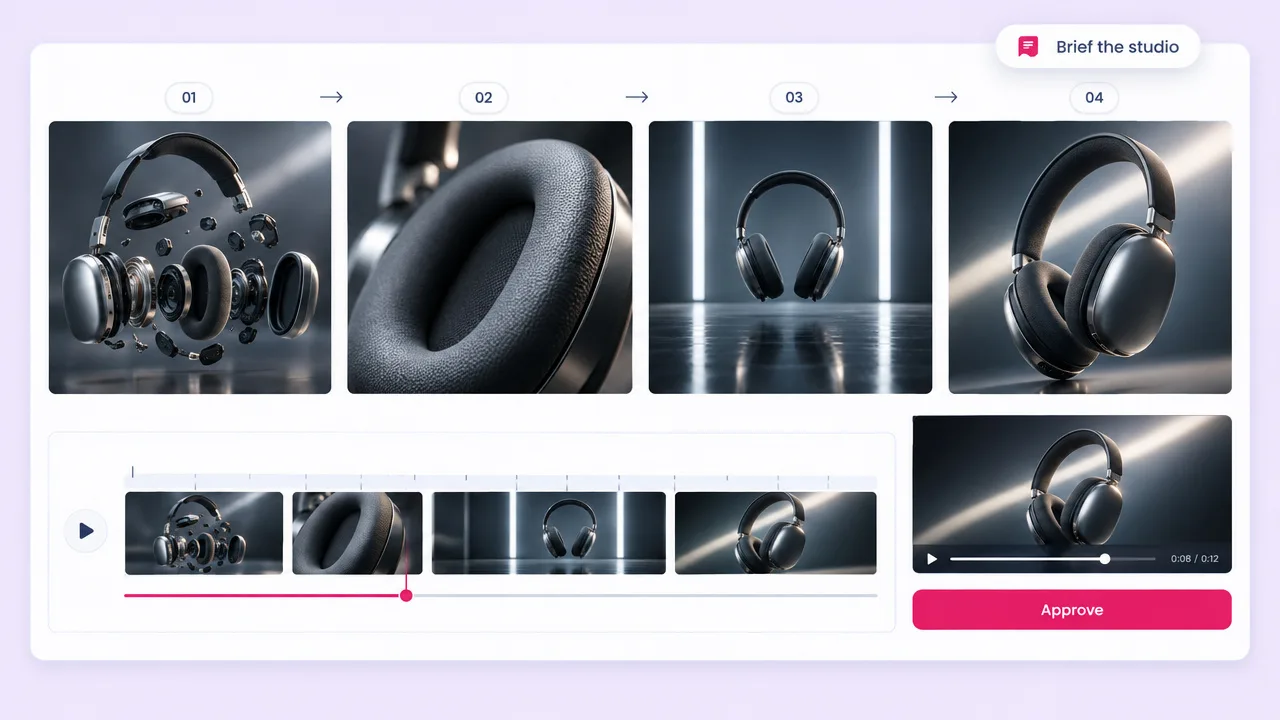 Four storyboard shots of black over-ear headphones, from an exploded 3D view to a hero spin, laid on a timeline with an Approve button.