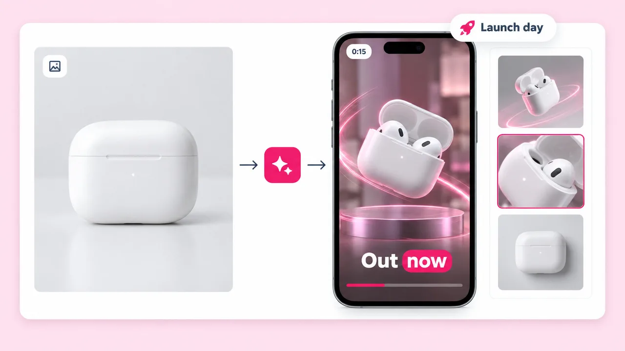 A plain photo of a white earbud case turned into a 3D product animation launch reel on a phone, with the caption "Out now" and extra camera angles.