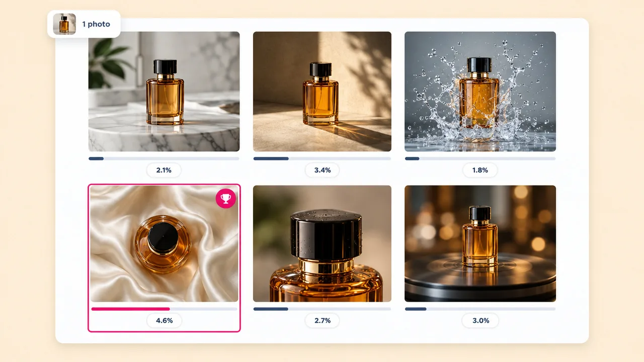 Six vertical perfume bottle ads made from one photo, each with a different scene and click rate, with the 4.6% silk version marked as the winner.