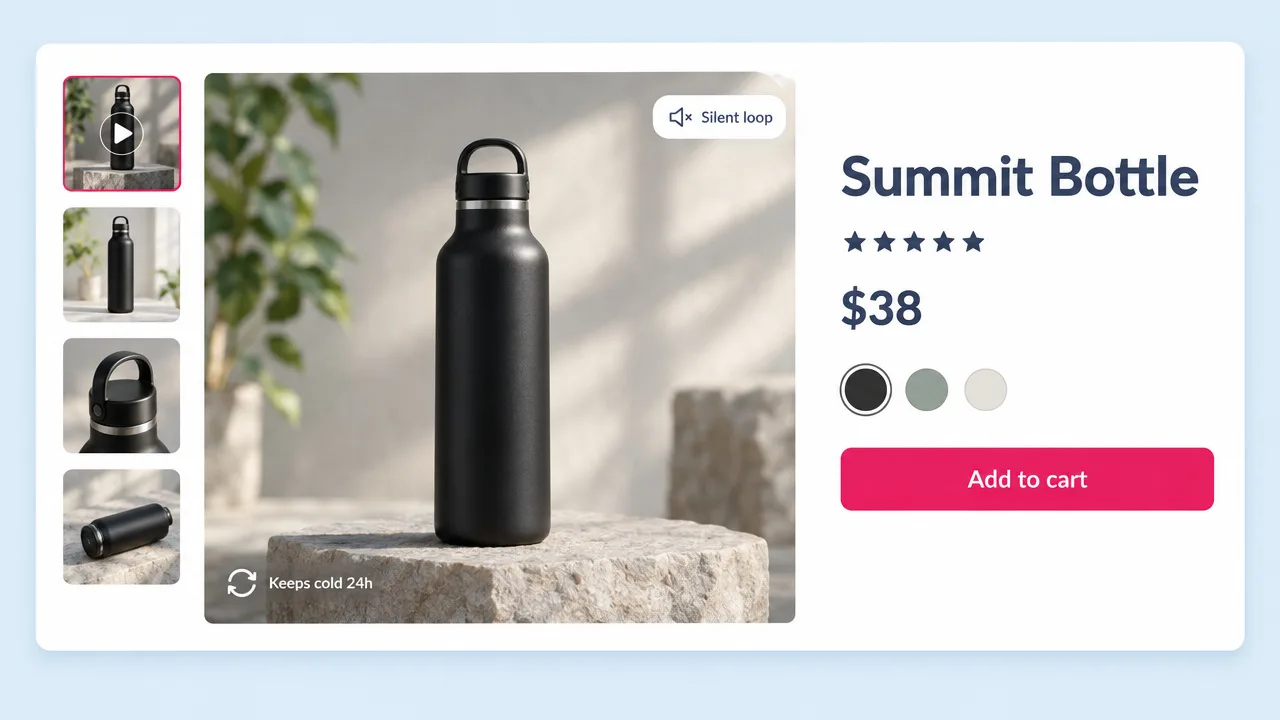 Product page for a black steel water bottle with a looping 3D product video in the gallery, a $38 price, colour swatches and an Add to cart button.