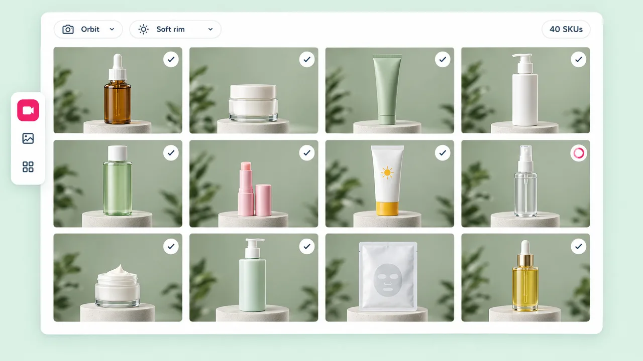 A grid of twelve skincare products on stone pedestals, each rendered as an orbit animation in one batch across a 40 SKU catalogue.