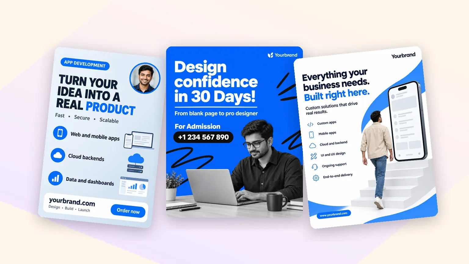 Three service ad looks: an app development service list, a design course and a business website on a phone