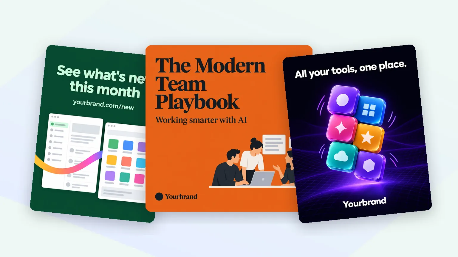 Three brand ad looks: two app screens, a serif statement with a team illustration and glossy app icons